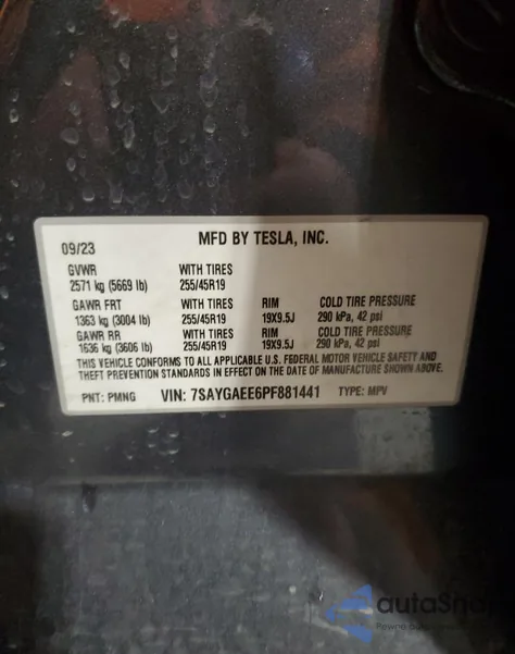 2023 Tesla Model Y из США, поврежденный, VIN 7SAYGAEE6PF881441